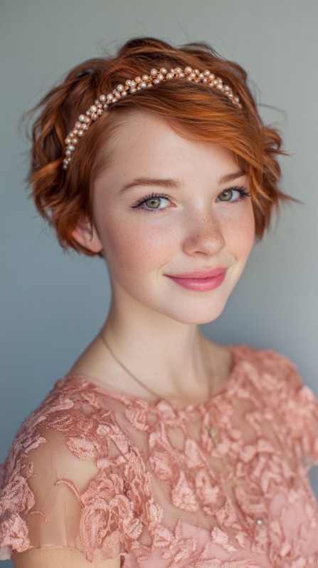 Chic Textured Short Bob with Pearl Hair Accessory