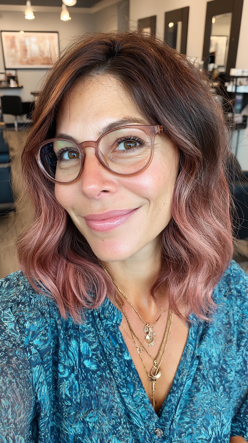 Chic Wavy Rose Gold Brunette Bob with Subtle Layers