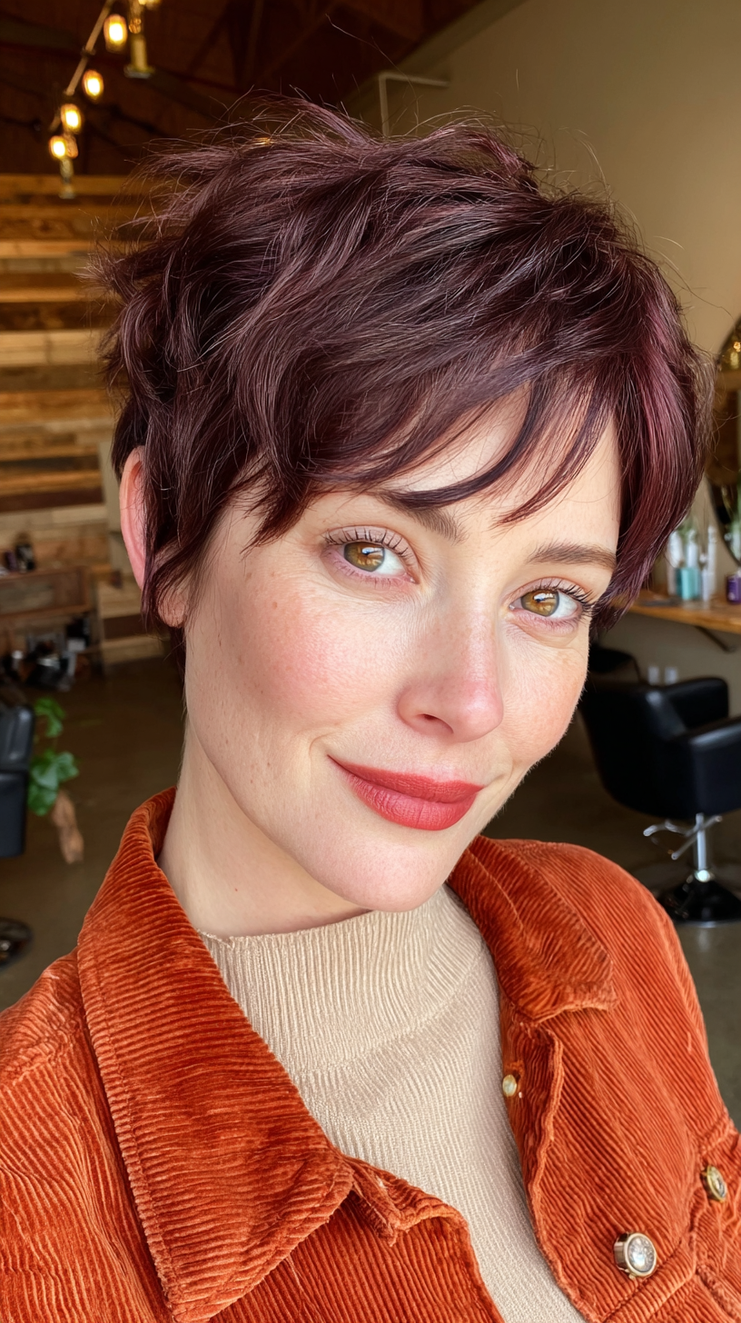 Choppy Cherry Cola Pixie Cut with Soft Layers