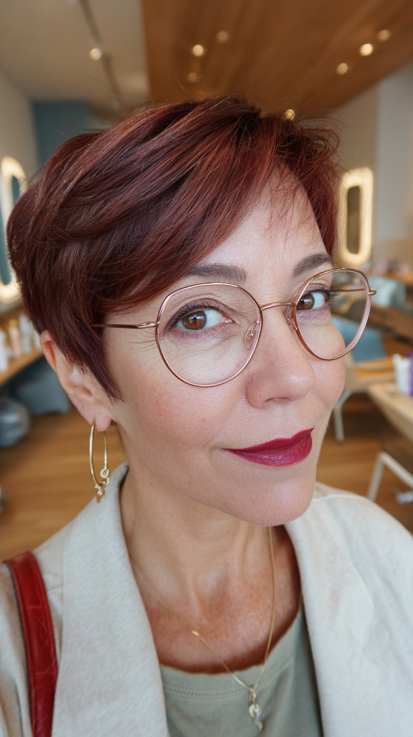 Classic Cherry Cola Pixie Cut with Gentle Waves