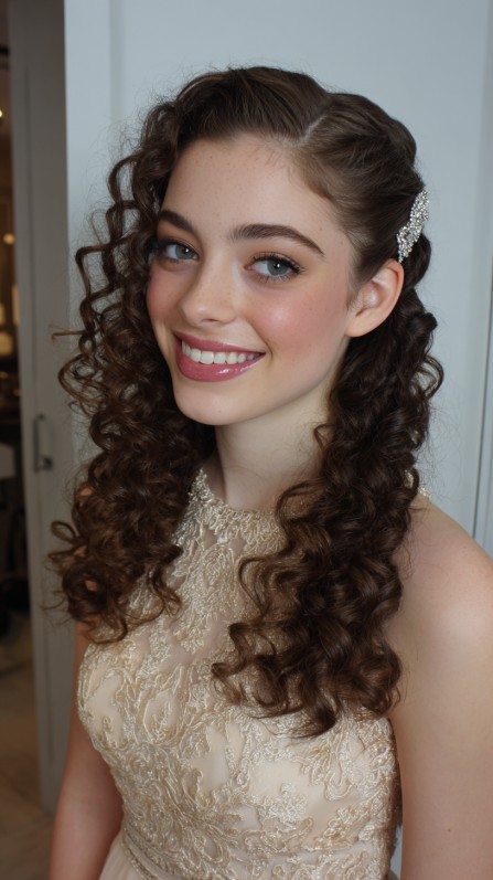 Classic Curly Half-Up Hairstyle with Sparkling Clip