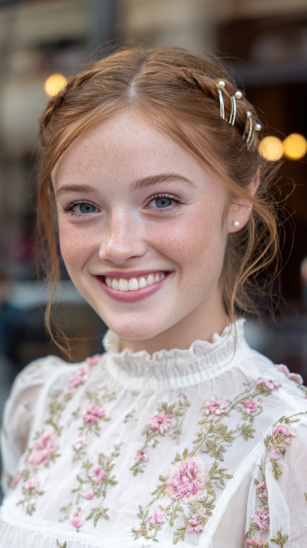 Delicate Braided Updo with Floral Accents