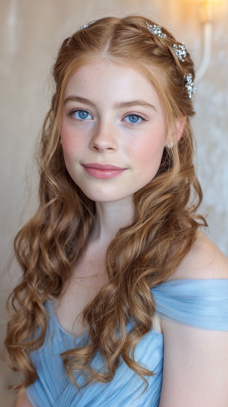 Delicate Half Up Half Down Curly Quinceanera Hairstyle with Accent Pins