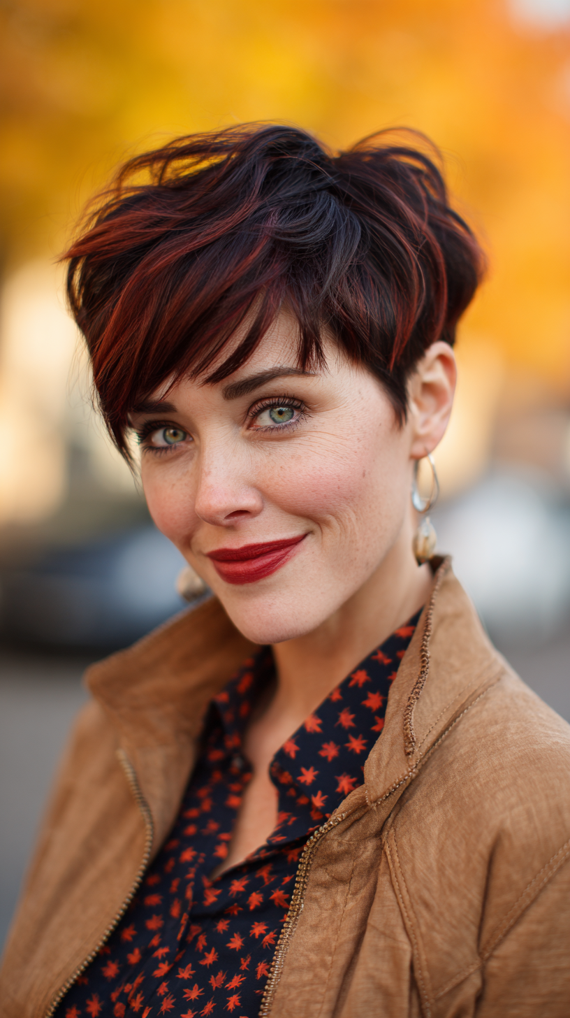 Dynamic Cherry Cola Pixie Cut with Defined Texture