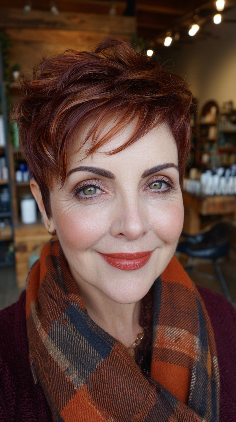 Dynamic Cherry Cola Pixie Cut with Playful Texture