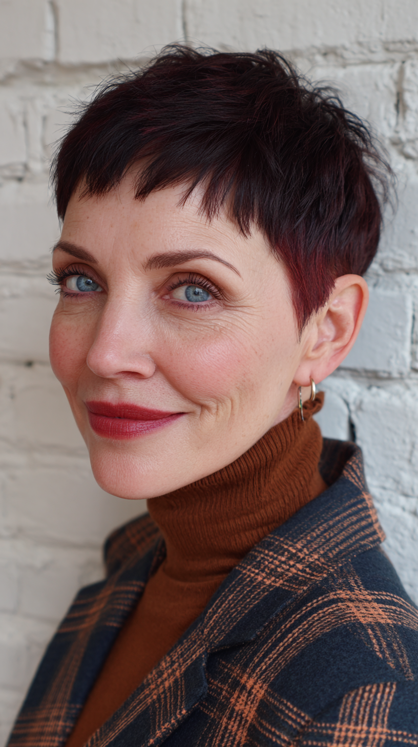 Dynamic Cherry Cola Pixie Cut with Subtle Highlights