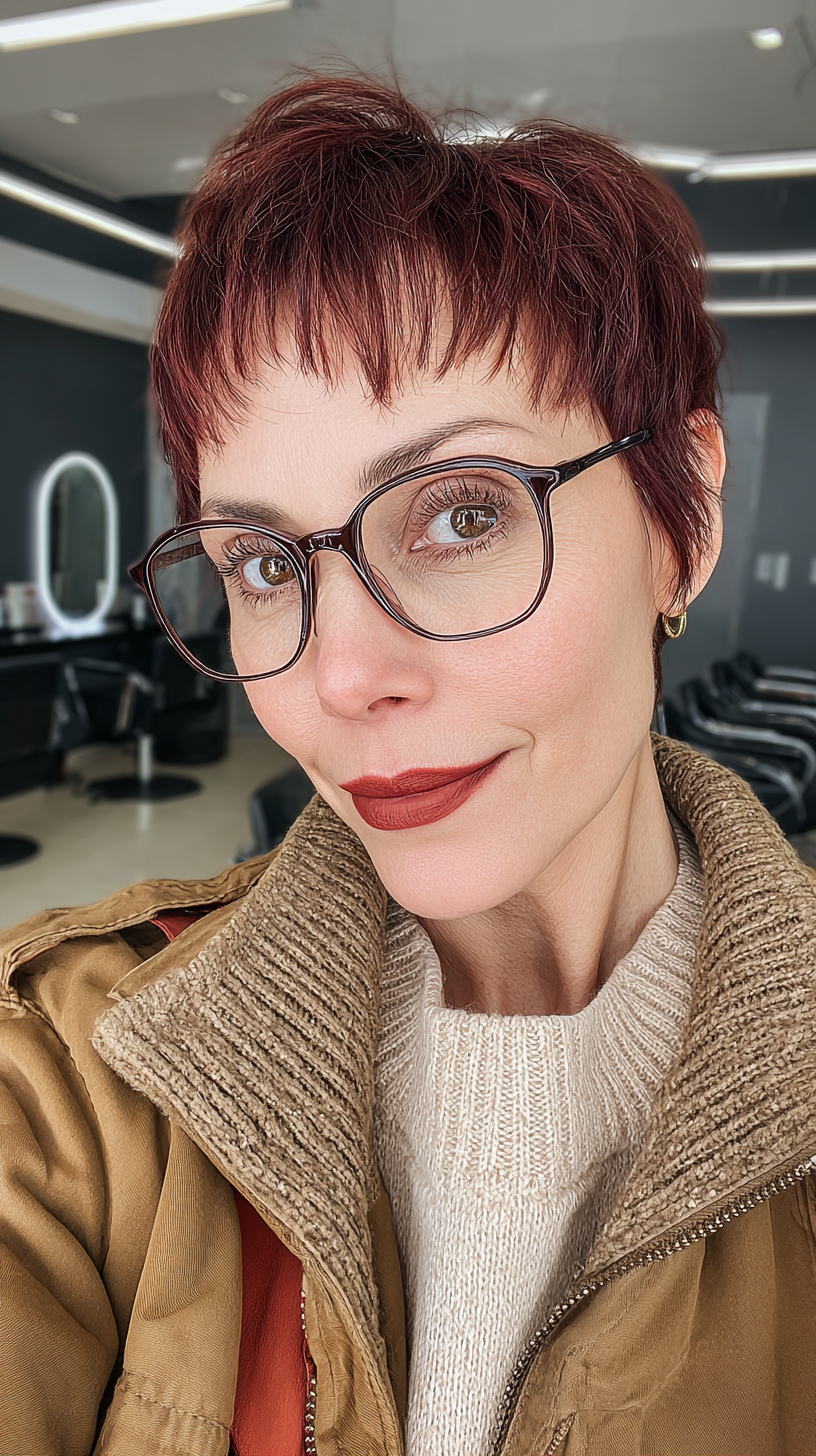 Edgy Cherry Cola Pixie Cut with Defined Texture