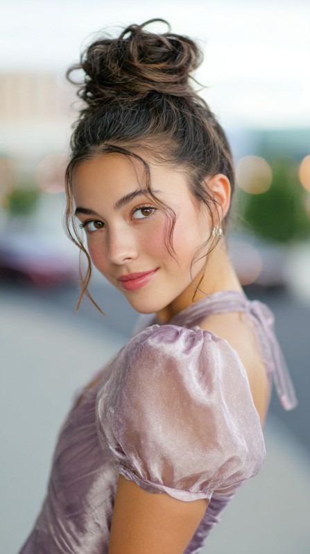 Effortless High Bun with Soft Face-Framing Tendrils