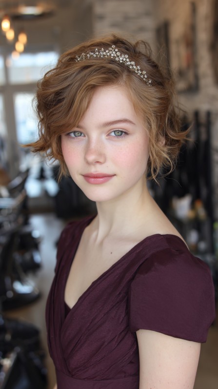 Effortlessly Charming Short Curly Hairstyle with Delicate Hair Accessory