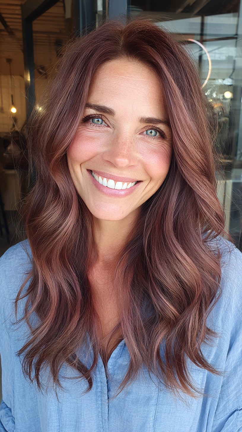 Effortlessly Chic Rose Gold Waves with Soft Layers