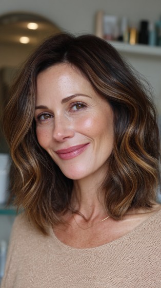 Effortlessly Chic Wavy Lob with Subtle Highlights