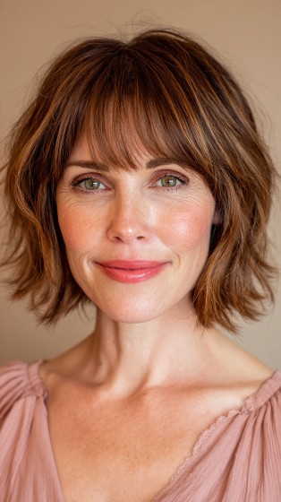 Effortlessly Textured Medium-Length Cut with Soft Bangs