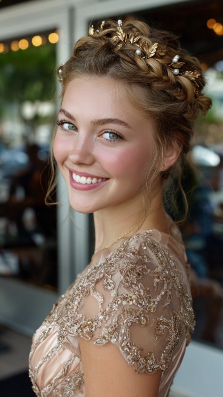 Elegant Braided Crown Updo with Delicate Floral Accents