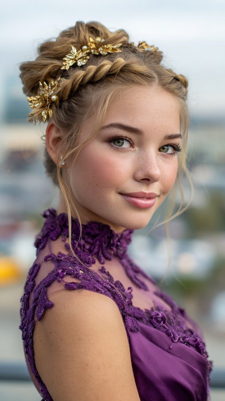 Elegant Braided Crown Updo with Floral Accents
