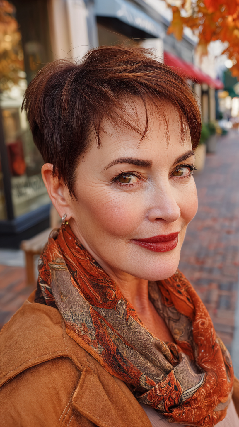 Elegant Cherry Cola Pixie Cut with Soft Texture