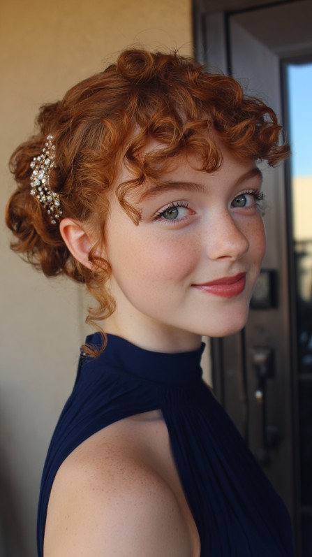 Elegant Curly Half-Up Hairstyle with Sparkling Hairpiece