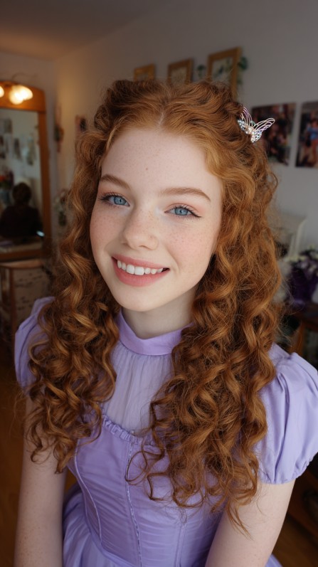 Elegant Curly Half-Up Style with Delicate Hairpin
