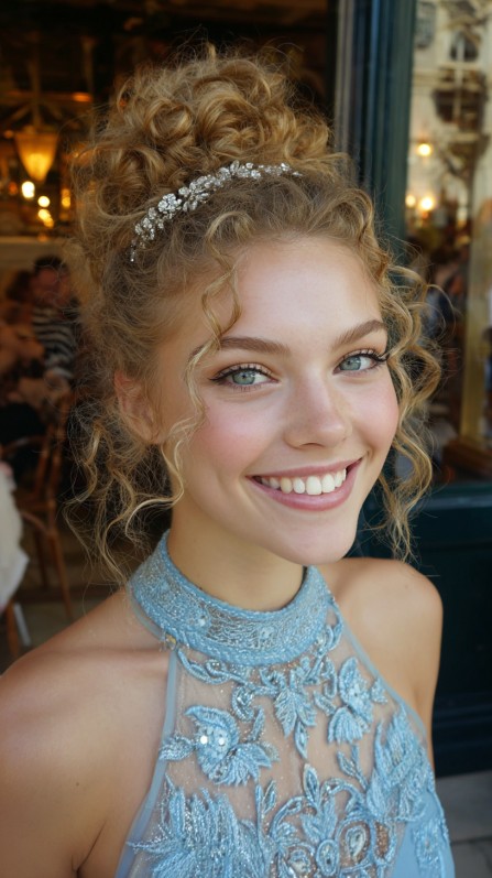 Elegant Curly High Bun with Sparkling Hair Accessory