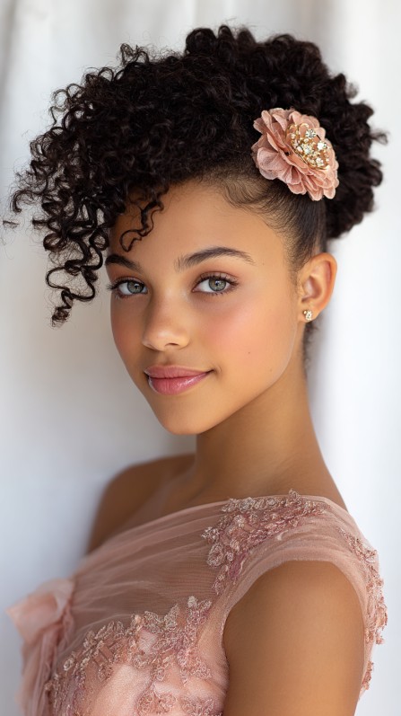 Elegant Curly Updo with Floral Accents