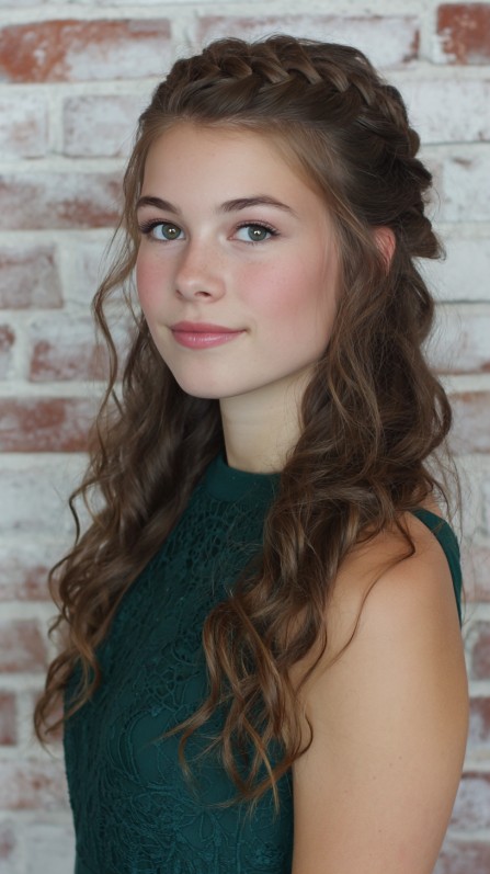 Elegant Half Up Braided Quinceanera Hairstyle with Loose Curls