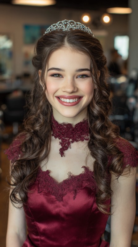 Elegant Half-Up Curly Hairstyle with Tiara