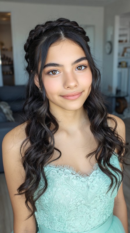 Elegant Half Up Half Down Braided Quinceanera Hairstyle with Loose Waves