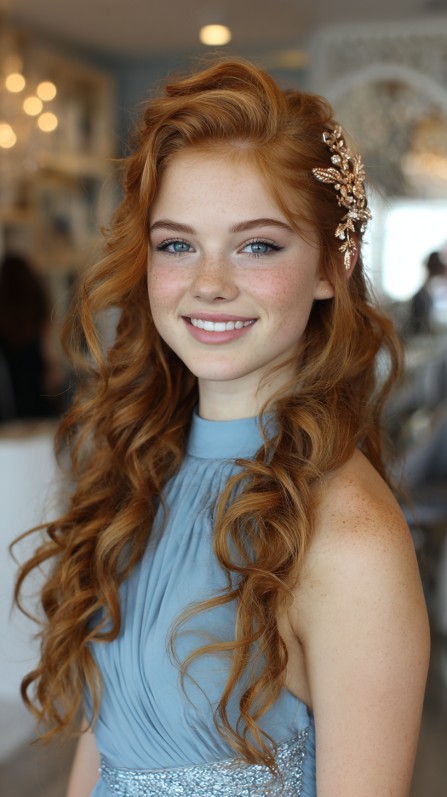 Elegant Long Loose Waves with Floral Accent