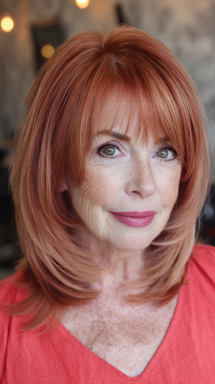 Elegant Rose Gold Layered Haircut with Soft Bangs