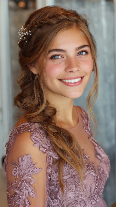 Elegant Side Braid with Loose Waves and Delicate Hair Accessories