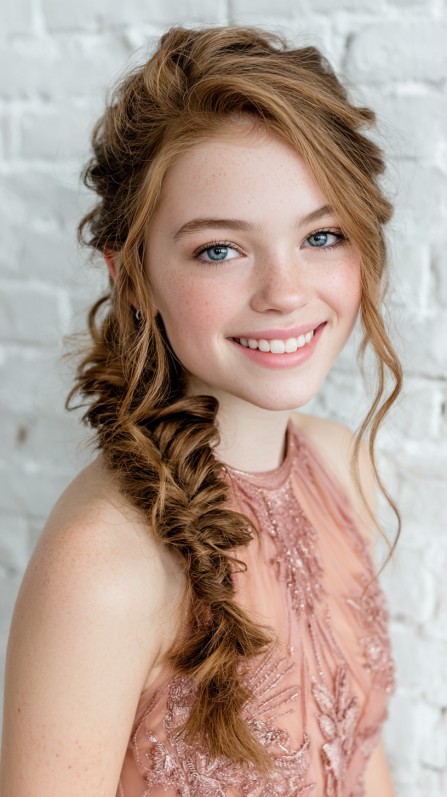 Elegant Side Fishtail Braid with Soft Waves