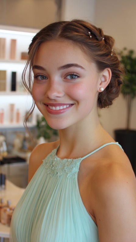 Elegant Soft Twisted Low Updo with Delicate Hair Pearls