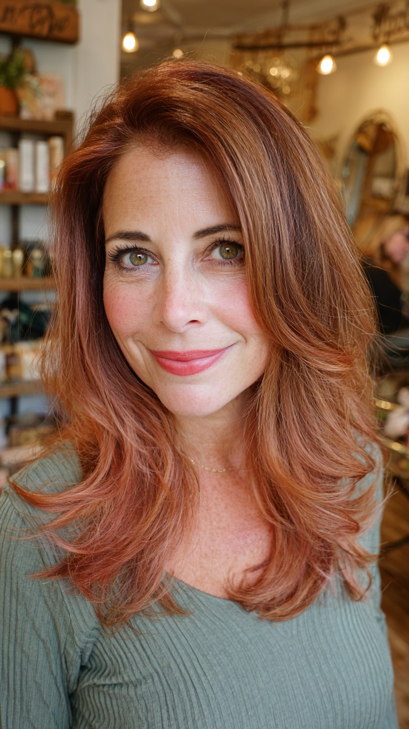 Flattering Rose Gold Balayage with Soft Layers