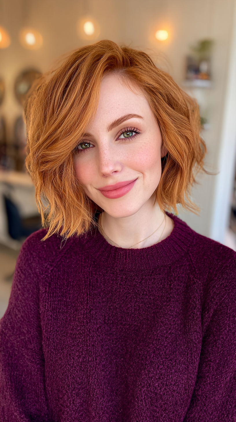 Fluffy Strawberry Blonde Wavy Lob with Face-Framing Layers