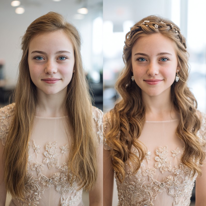 Glamorous Half Up Half Down Waves with Braided Crown