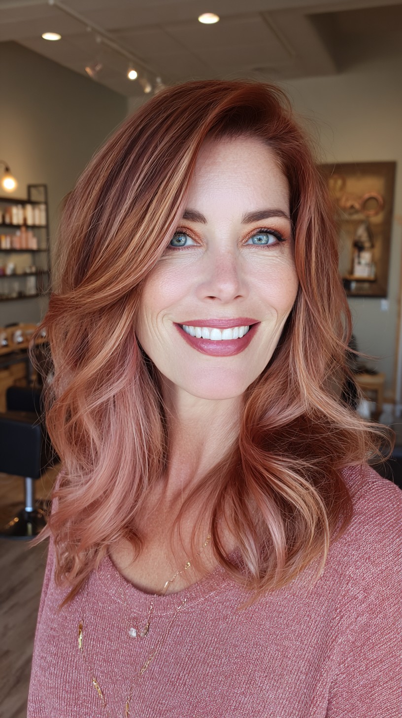 Glamorous Rose Gold Balayage with Defined Waves