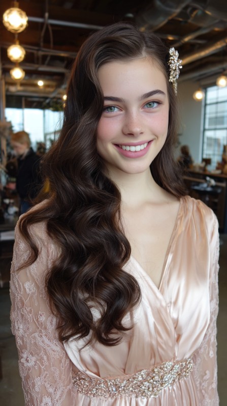 Gorgeous Deep Chocolate Waves with Elegant Sparkling Hairpin