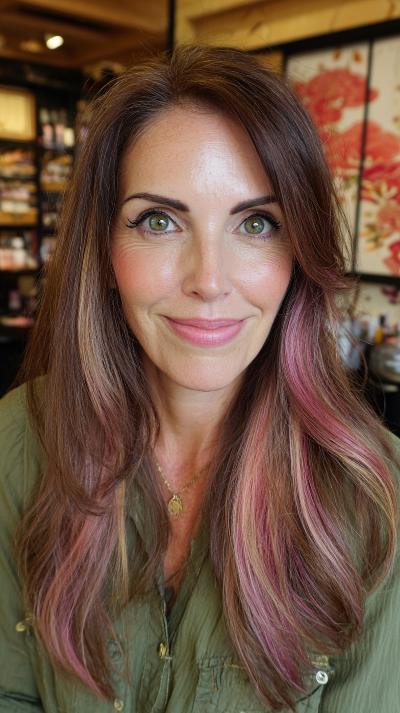Long Layered Hair with Subtle Rose Gold Highlights