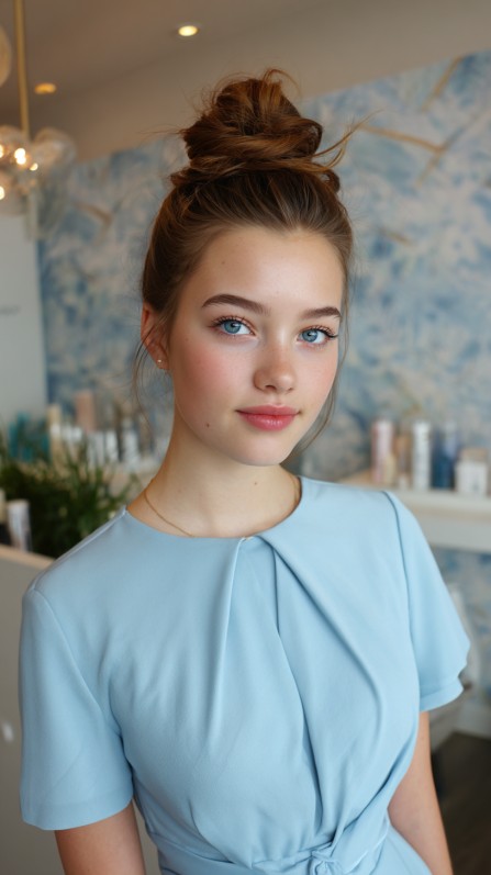 Messy Top Knot with Face-Framing Strands