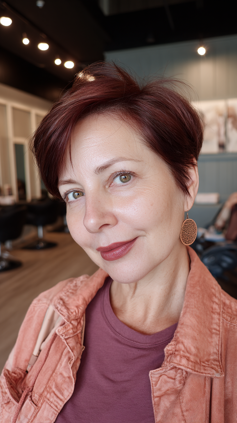Modern Cherry Cola Pixie Cut with Textured Edges