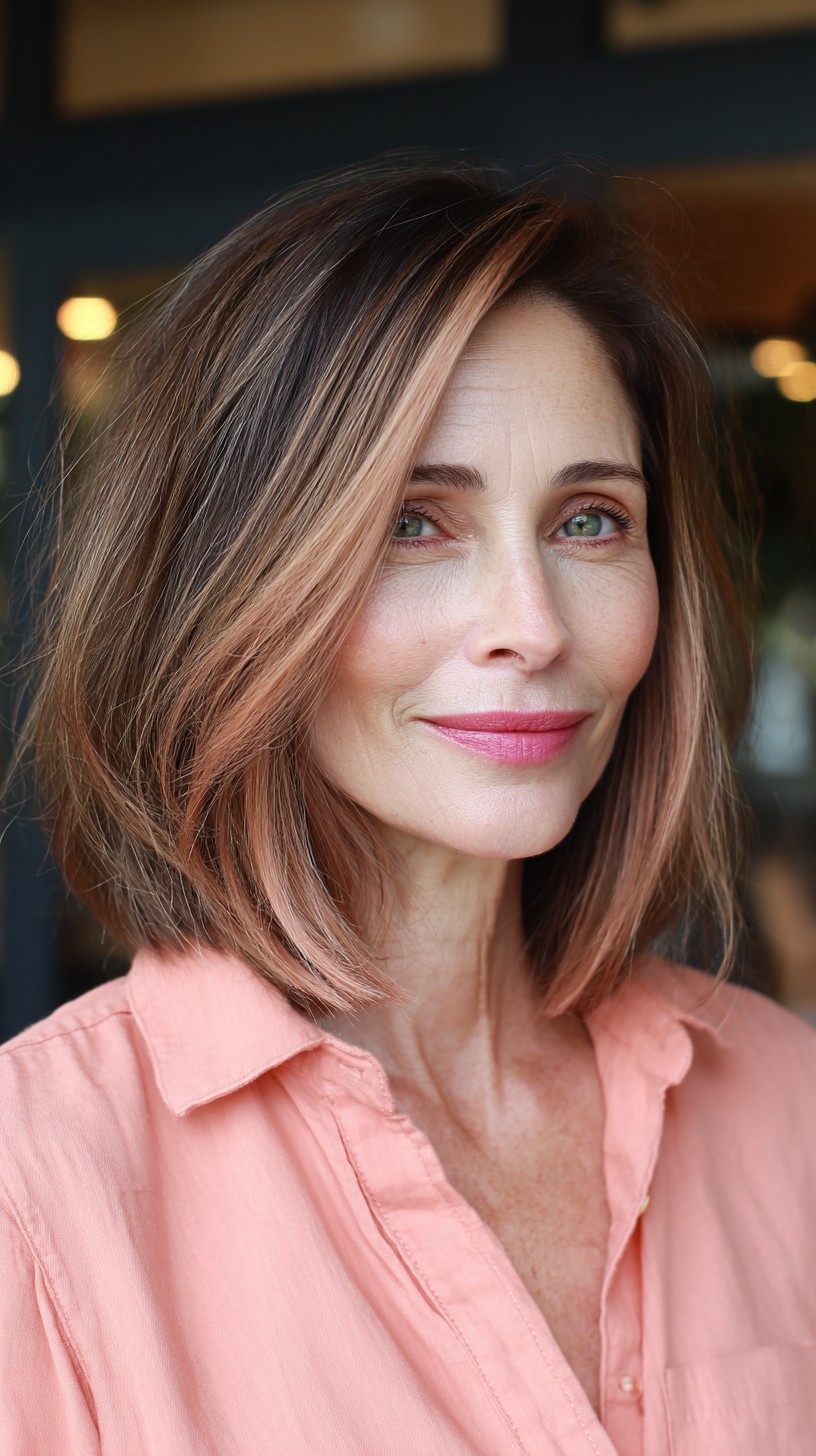 Modern Chocolate Rose Gold Lob with Subtle Layers