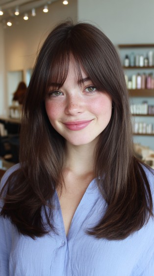 Modern Long Layers with Soft Curtain Bangs