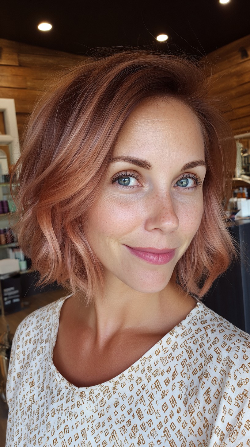 Modern Rose Gold Textured Lob with Soft Waves