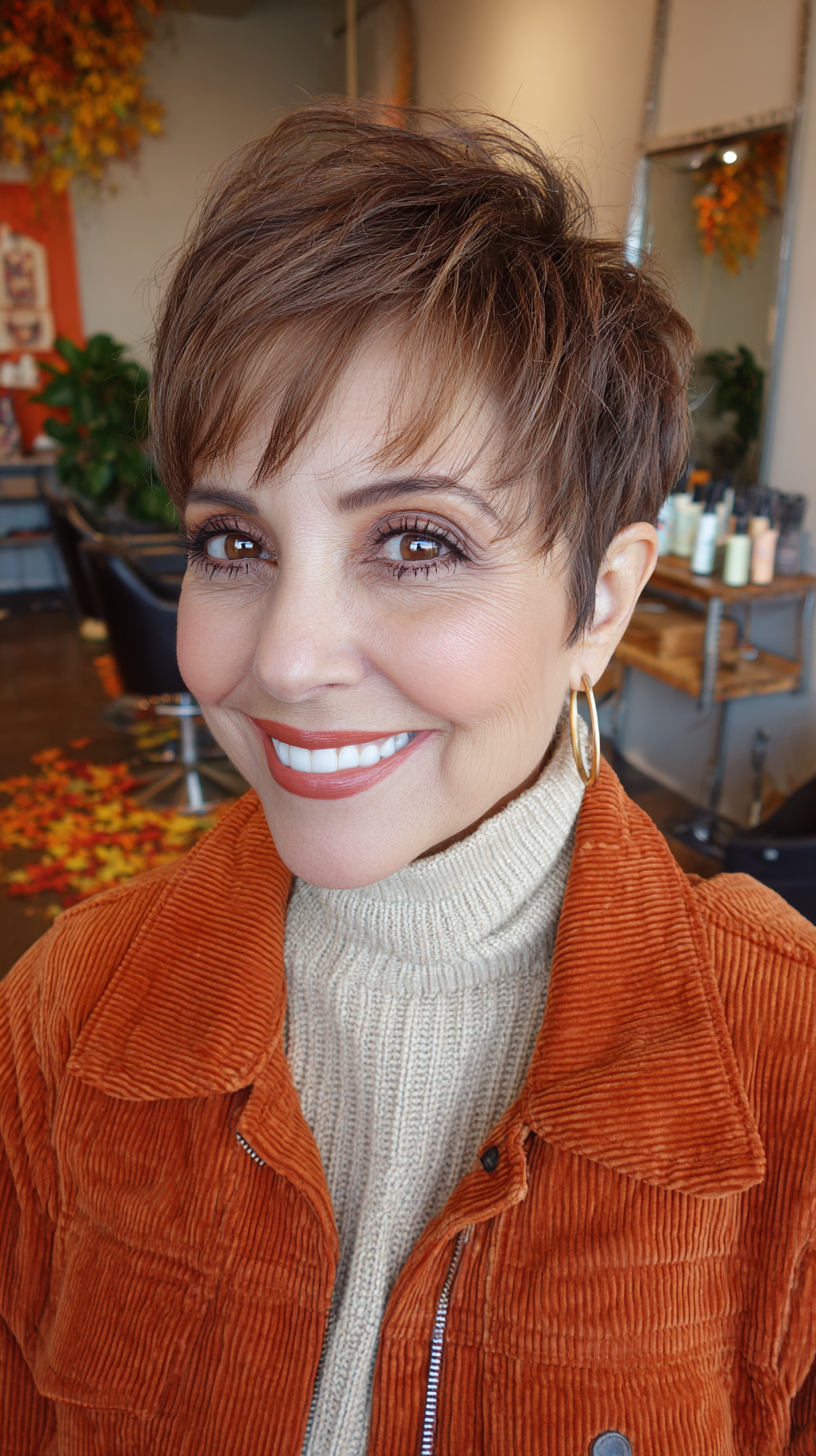 Modern Short Caramel Brown Pixie with Textured Layers