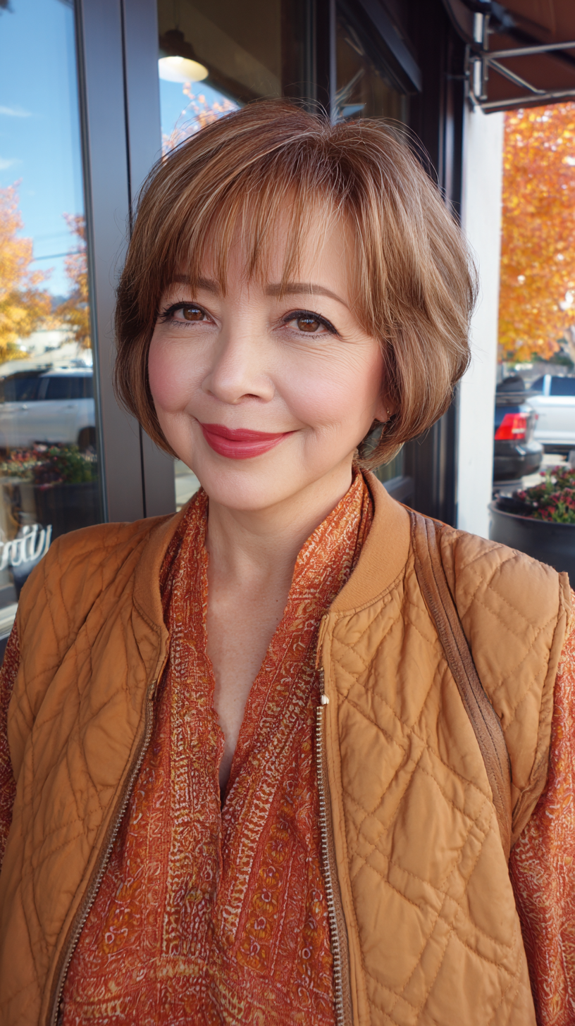 Modern Textured Caramel Brown Bob with Soft Bangs