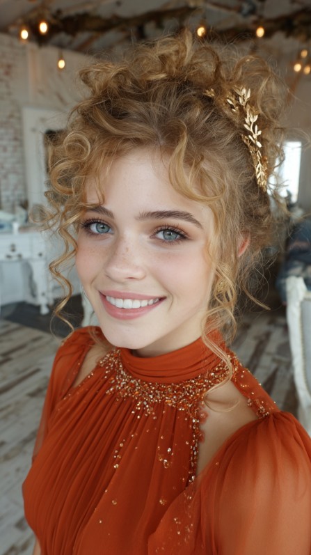 Playful Curly Half-Up Hairstyle with Golden Accents