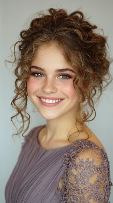 Playful Curly High Bun with Framing Tendrils