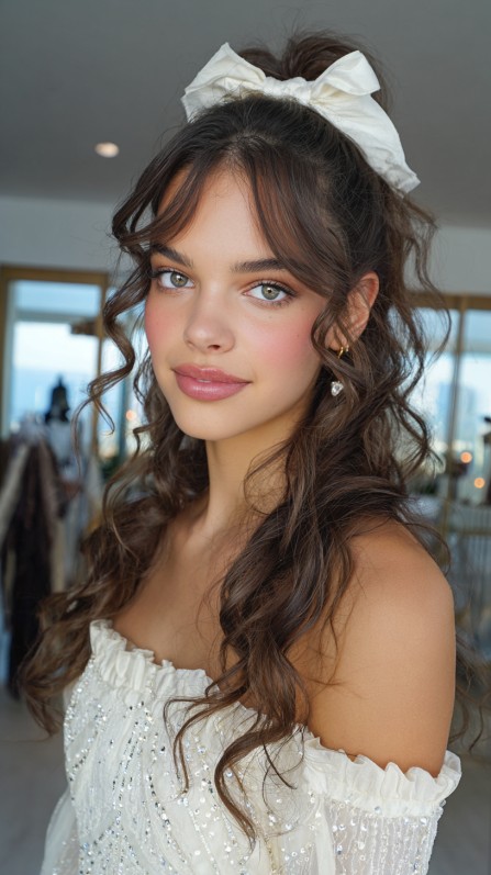 Playful Half Up Half Down Curly Quinceanera Hairstyle with Ribbon Accent