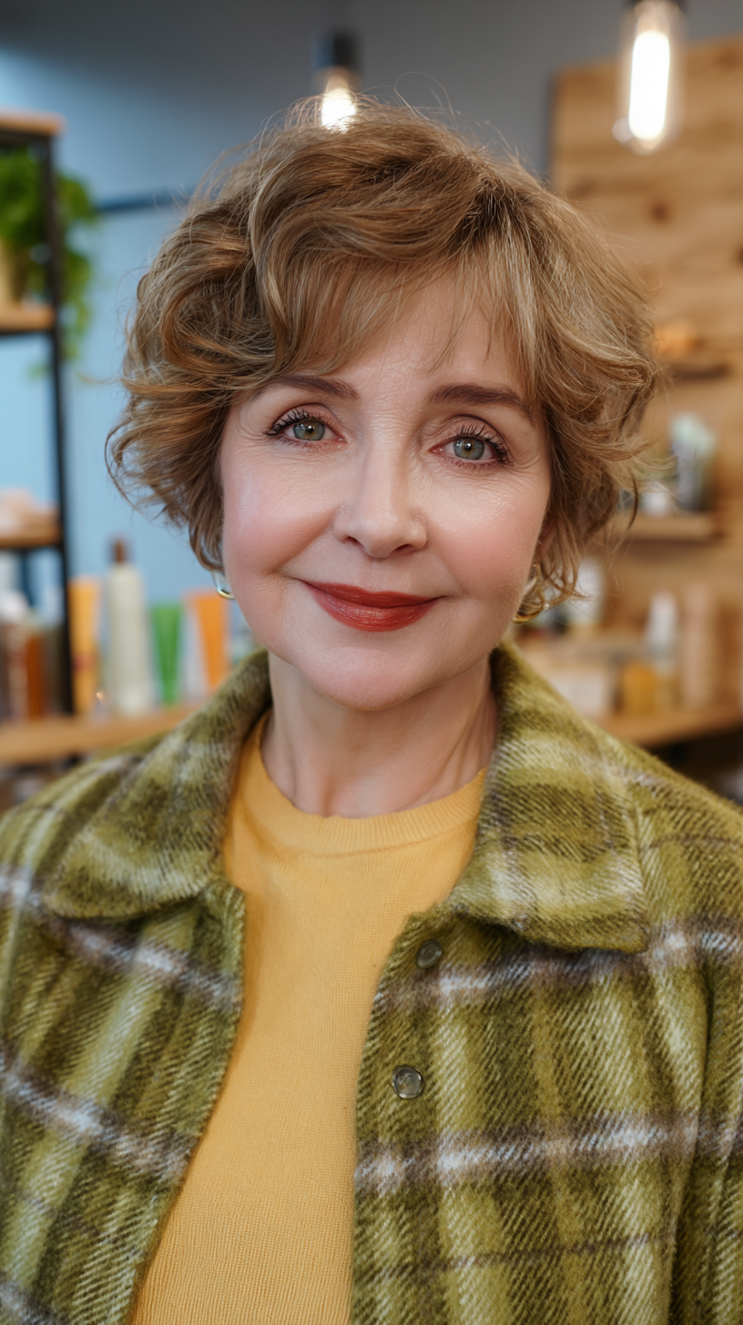 Playful Short Caramel Brown Curly Cut with Subtle Layers