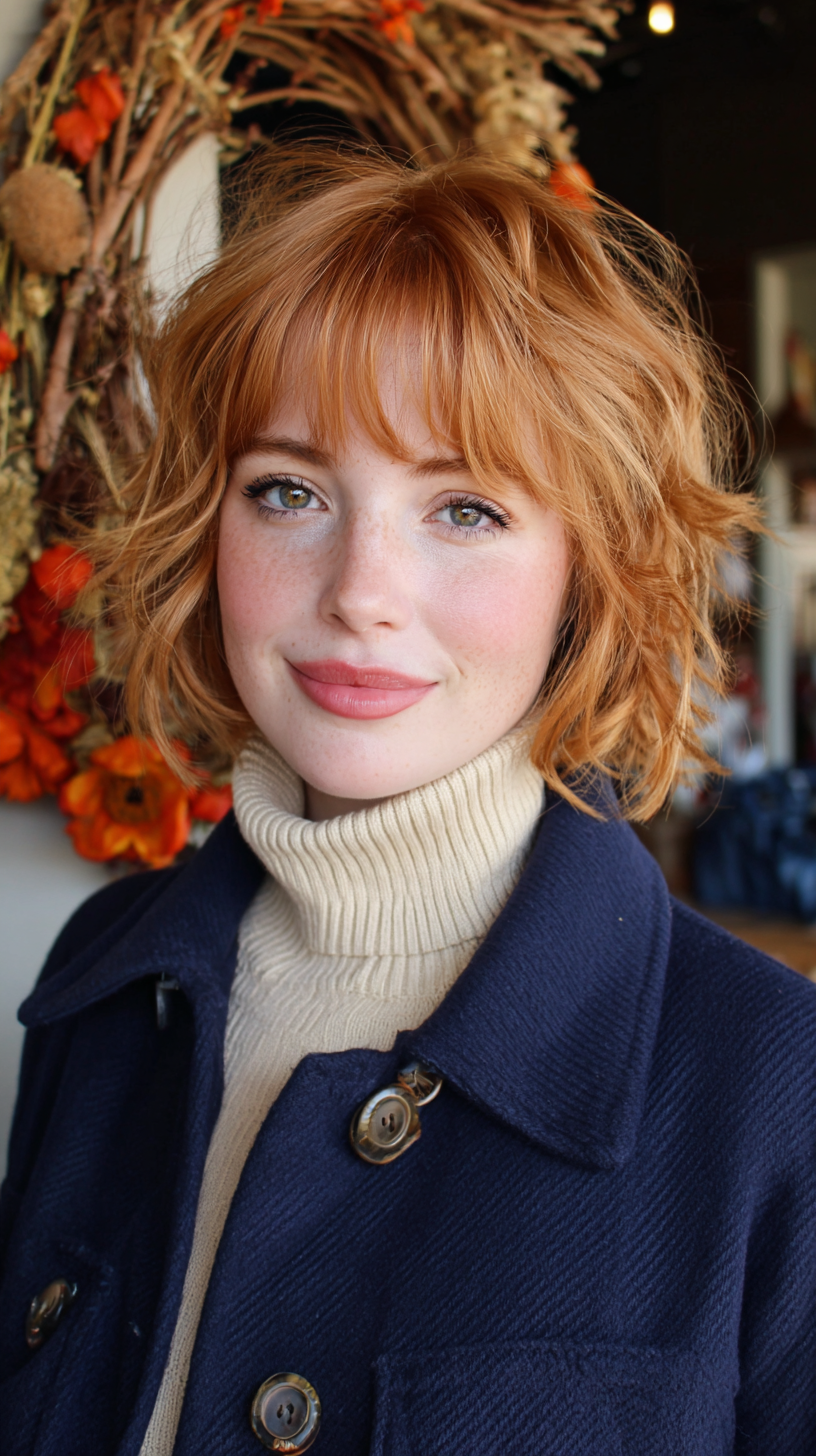 Playful Strawberry Blonde Curly Lob with Subtle Layers