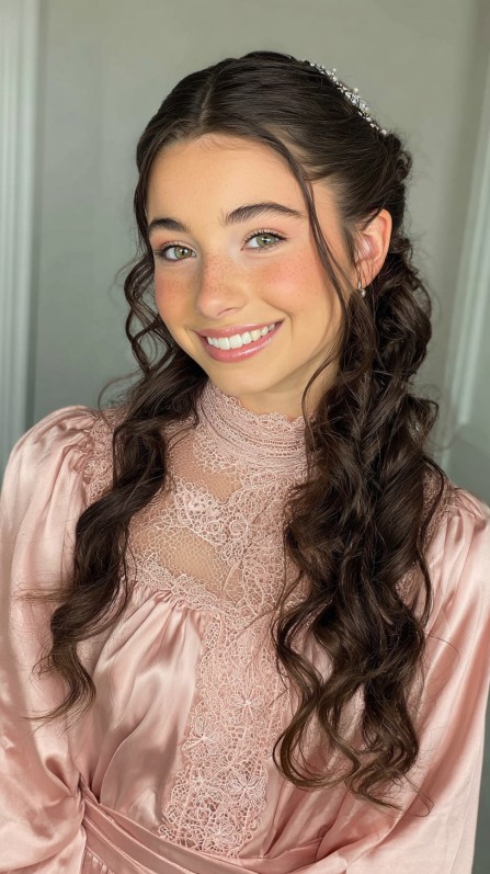 Romantic Cascading Curls with Delicate Hair Accessories